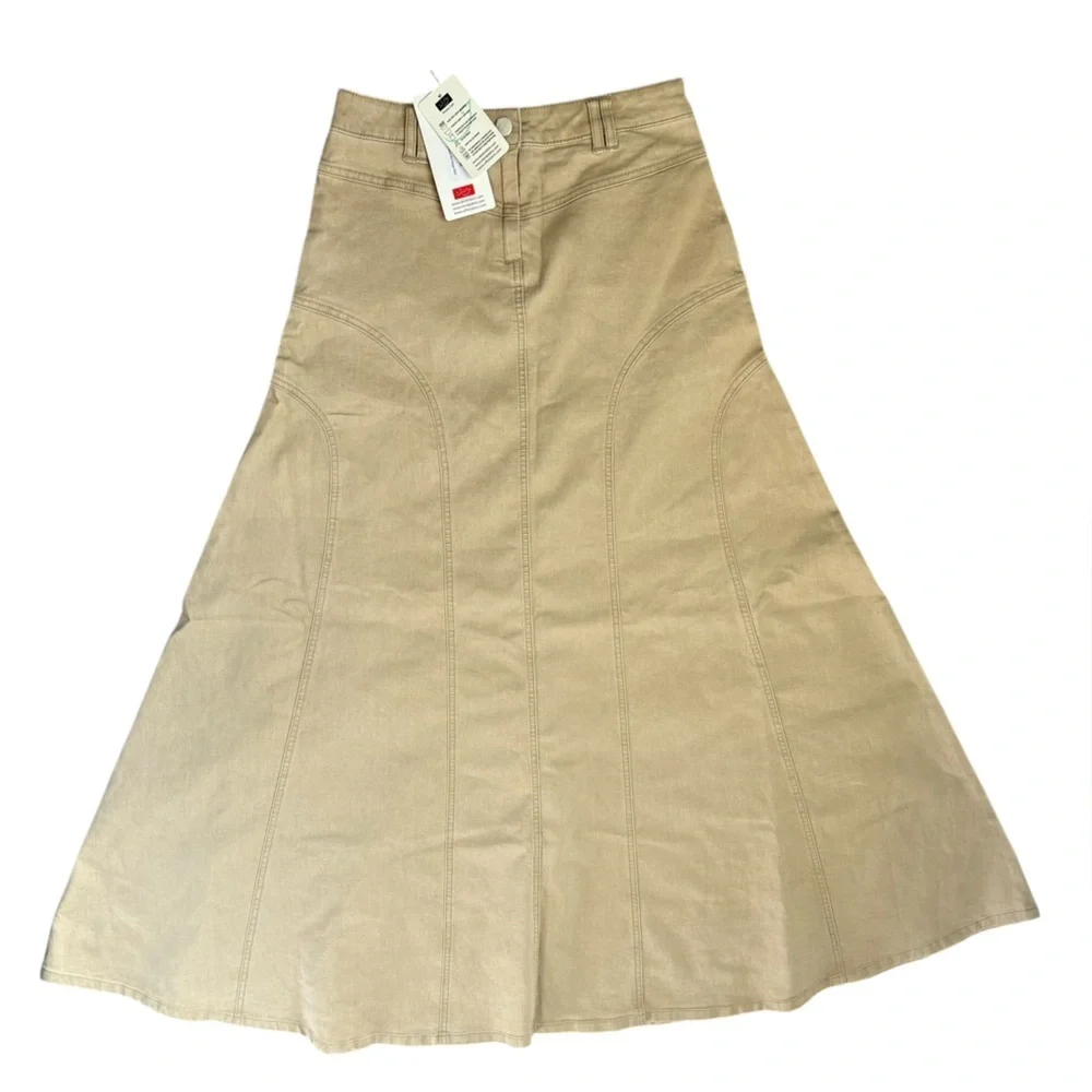 Style J Elegant Tan Women’s long denim stretch Skirt cream size medium/8 - Picture 2 of 9